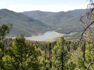 A photo from an overlook of Delmoe Lake in the Pipestone Area.